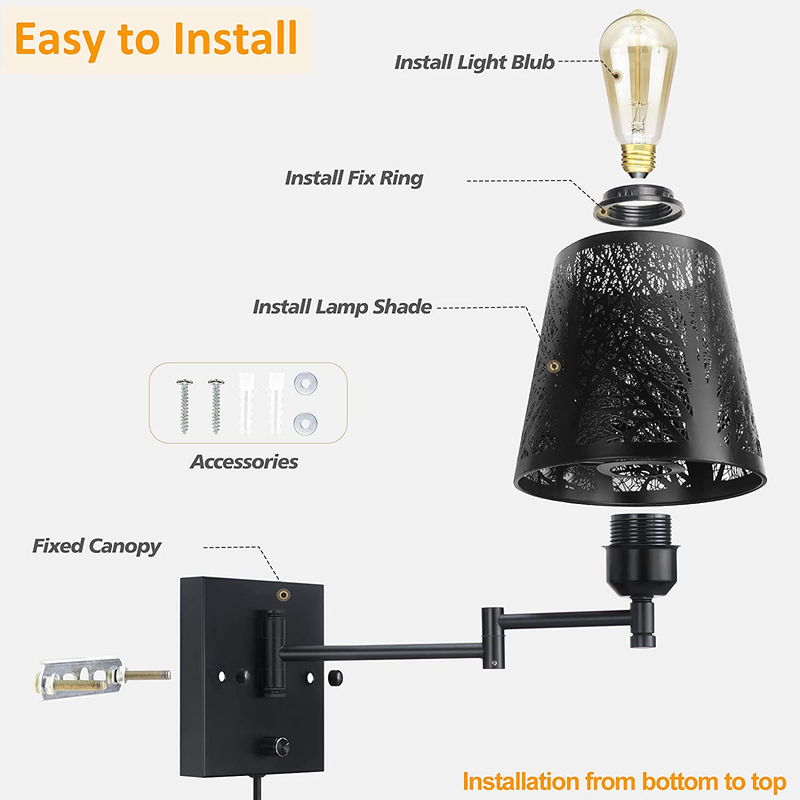 Plug in Wall Sconces Set of 2 Swing Arm Wall Lamp with Plug in Cord, Black Metal Vintage Industrial Plug in Wall Light Fixtures for Bedside Bedroom Indoor Doorway