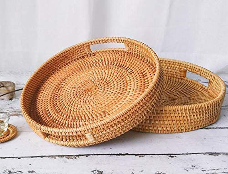 Coffee Table Tray Round Rattan Ottoman Tray Woven Serving Trays with Handles for Home and Kitchen Decorative Natural（Large 14 inch x 2.8 inch） Home & Garden > Decor > Decorative Trays DECRAFTS   