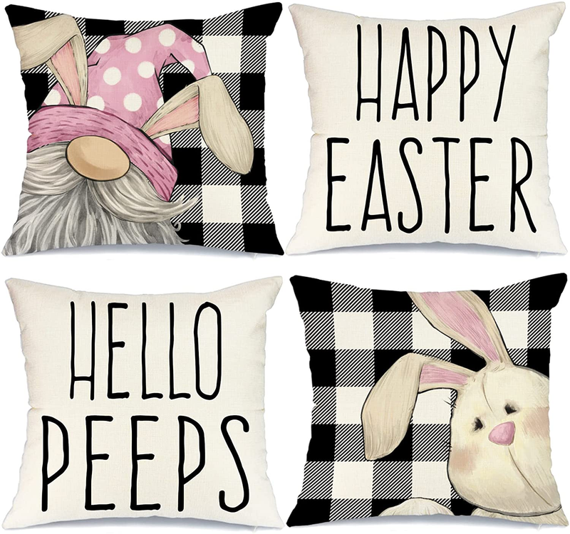Easter Pillow Covers 18X18 Set of 4 Easter Decorations for Home Bunny Gnome Stripes Pillows Easter Decorative Throw Pillows Spring Easter Farmhouse Decor A473-18 Home & Garden > Decor > Seasonal & Holiday Decorations AENEY Buffalo Plaid Pink 18 x 18-Inch 
