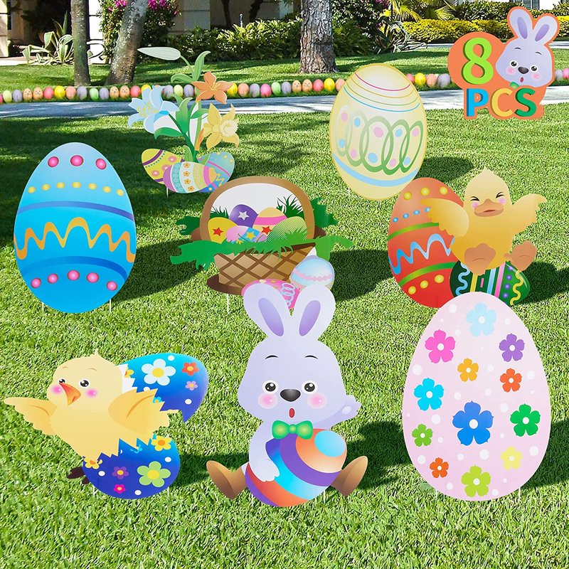 HOOJO 8 PCS Easter Yard Signs Decorations Outdoor, Waterproof Bunny, Chicks and Eggs Yard Stakes Sign, Easter Lawn Yard Decorations for Hunt Game, Party Supplies Decor, Easter Props