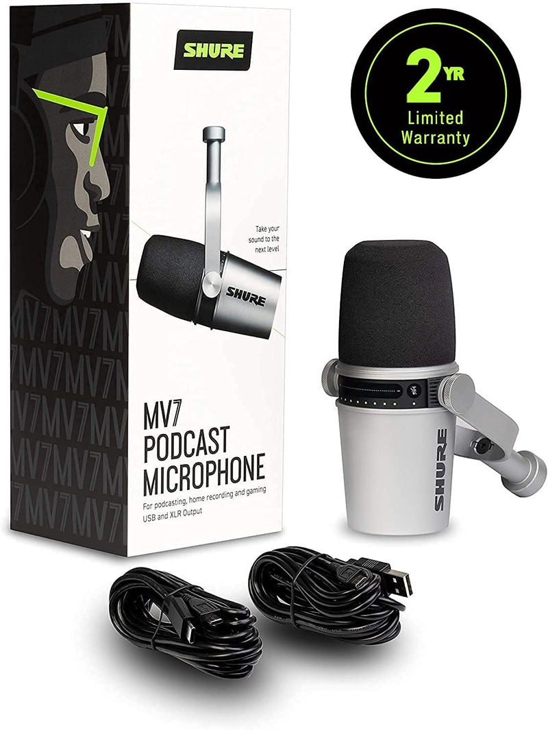 Shure MV7 USB Podcast Microphone for Podcasting, Recording, Live Streaming & Gaming, Built-In Headphone Output, All Metal USB/XLR Dynamic Mic, Voice-Isolating Technology, TeamSpeak Certified - Silver Electronics > Audio > Audio Components > Microphones Shure   