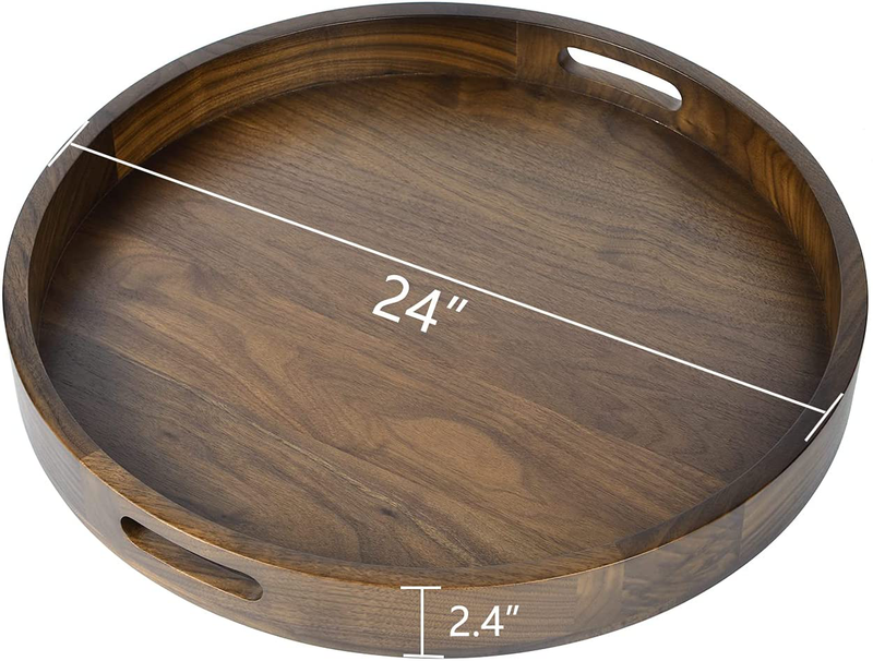 KINGCRAFT 24 x 24 inches Large Round Ottoman Table Tray Wooden Solid Circle Serving Tray with Handle Black Walnut Platter Decorative Tray for Oversized Ottoman Home Breakfast in Bed Tea Coffee