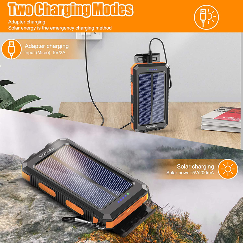 Solar Charger, Durecopow 20000mAh Portable Outdoor Waterproof Solar Power Bank, Camping External Backup Battery Pack Dual 5V USB Ports Output, 2 Led Light Flashlight with Compass (Orange)  Durecopow   