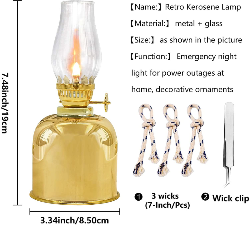 rnuie Oil Lamps for Indoor Use,Metal Kerosene Lamp with 3 Wicks(7-inch/pcs) and Tweezers,Vintage Hurricane Lantern for Home Emergency Lighting,Outdoor Use (Gold) Home & Garden > Lighting Accessories > Oil Lamp Fuel rnuie   