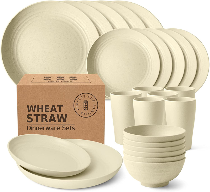 Teivio 24-Piece Kitchen Wheat Straw Dinnerware Set, Dinner Plates, Dessert Plate, Cereal Bowls, Cups, Unbreakable Plastic Outdoor Camping Dishes (Service for 6 (24 piece), Multicolor)