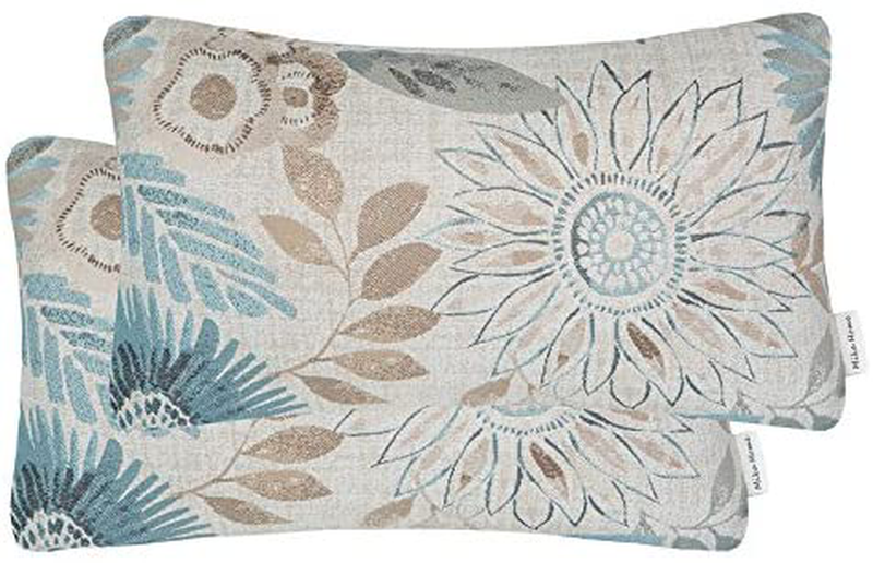 Mika Home Pack of 2 Decorative Oblong Rectangular Throw Pillow Cover Cushion Cases for Chair,Sunflower Pattern,12X20 Inches, Blue Cream Home & Garden > Decor > Chair & Sofa Cushions Mika Home   