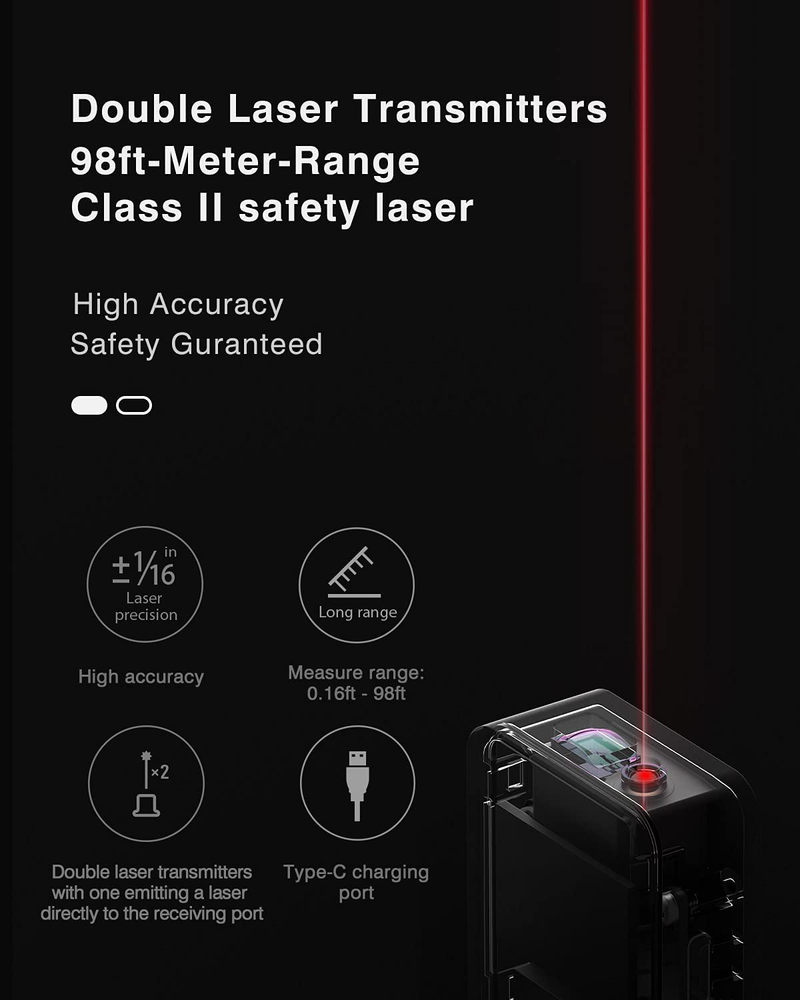 HOTO Laser Tape Measure, Laser Measure, Laser Measurement Tool with Bluetooth, 98ft Digital Tape Measure, ±1/16-inch Accuracy, 2 Modes Of The Measurement, Switchable Units M/Ft, Type-C Rechargeable Hardware > Tools > Measuring Tools & Sensors HOTO   