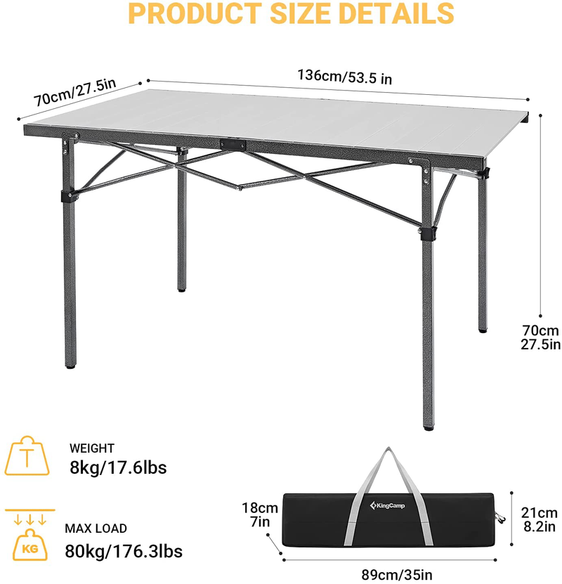 Kingcamp Lightweight Compact Folding Camping Table,Stable Aluminum Alloy Folding Roll up Table for 4-6 Person for Picnic, Camping, Barbecue and Party,Portable Multi-Functional Table with Carry Bag