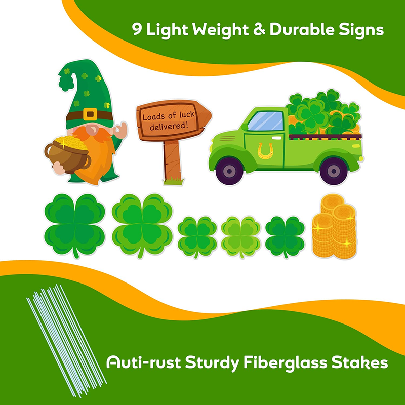 Seasonal Decor Yard Signs for St Patricks Day and beyond (Loads of Luck Delivered) St Patricks Day Decorations Outdoor Lawn Signs 16" 9Pcs with Loads of Shamrock, Medallion and Irish Gnome Signs
