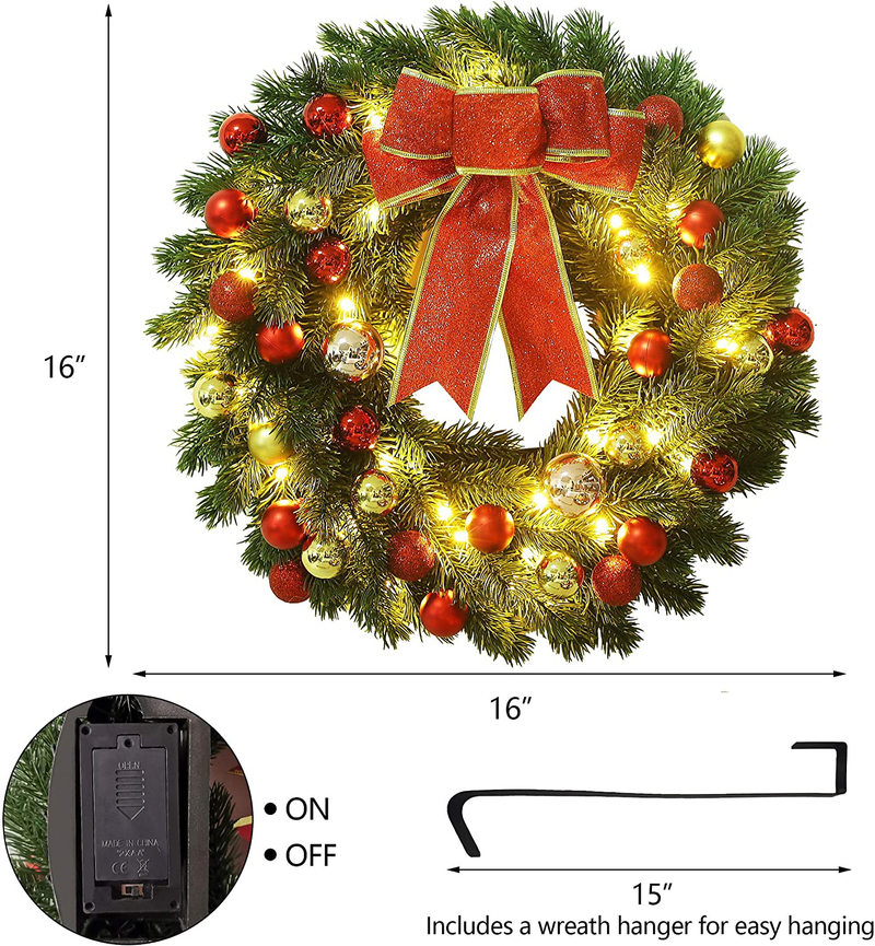 Juegoal 16 Inch Pre-Lit Christmas Wreath with Metal Hanger, Large Red Bow and Colored Balls, Battery Operated with Warm White 40 LEDs Lights, Front Door Spruce Lighted Wreath X-max Decorations Home & Garden > Decor > Seasonal & Holiday Decorations& Garden > Decor > Seasonal & Holiday Decorations Juegoal   