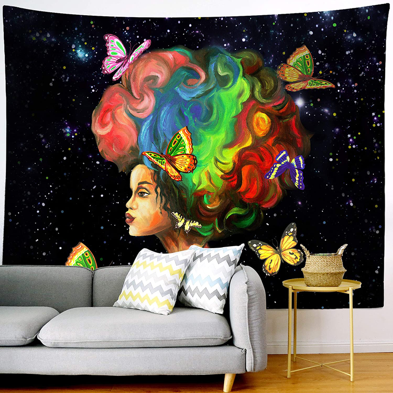 Third Goddess Tapestry Black Starry Girl Wall Hanging- African American Girl with Colorful Butterfly Wall Tapestry 70 x 90 for Home Decor & Gift(180 x 235cm) Home & Garden > Decor > Seasonal & Holiday Decorations Third Goddess   
