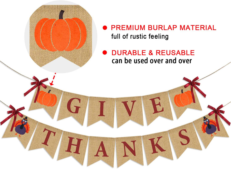 Give Thanks Burlap Banner| ThanksGiving Burlap Banner Thanksgiving Decorations| Rustic Thanksgiving Turkey Pumpkin Bunting| Thanksgiving Party Supplies Fireplace Mantle Decor Home & Garden > Decor > Seasonal & Holiday Decorations Partyprops   