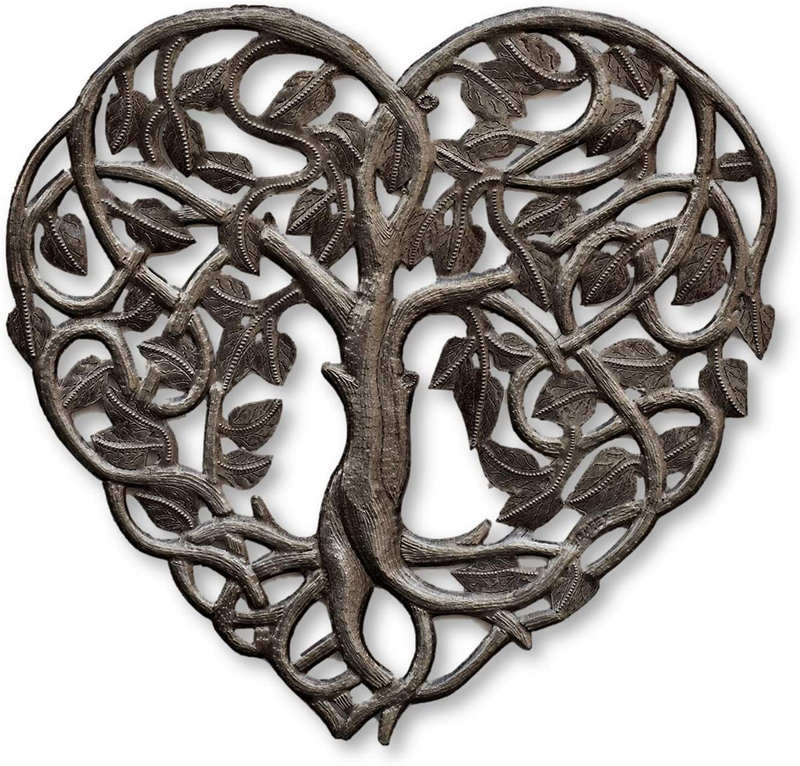 Handmade Tree of Life, Small Heart Shaped Wall Hanging Plaques, Decorative Figurine, Recycled Steel Artwork,14.25 In. X 14.25 In. (Heart Tree of Life) Home & Garden > Decor > Artwork > Sculptures & Statues It's Cactus Heart Tree of Life  