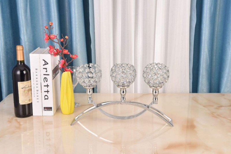 Esharey Silver Crystal Candle Holders for Home Decor,3 Arms Table Candlestick Holder Candelabras Decorations Centerpieces,Wedding Holiday Thanksgiving Gifts