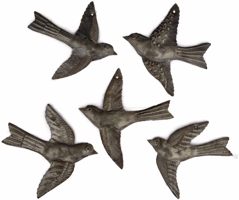 Set of 5 Small Birds Flying, Decorative Figurines, Haitian Recycled Metal Drum Wall Hanging Art, Nature Inspired, Home & Garden > Decor > Artwork > Sculptures & Statues It's Cactus Default Title  