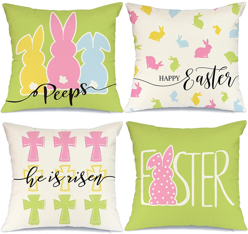 Easter Pillow Covers 18X18 Set of 4 Farmhouse Easter Decor for Home Bunny Peeps He Is Risen Happy Easter Pillows Decorative Throw Pillows Easter Decorations A520-18