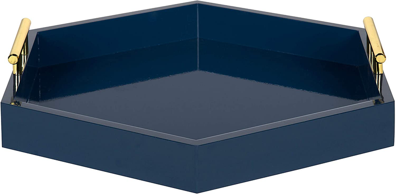 Kate and Laurel Lipton Hexagon Decorative Tray with Polished Metal Handles, Navy Blue and Gold Home & Garden > Decor > Decorative Trays Kate and Laurel   