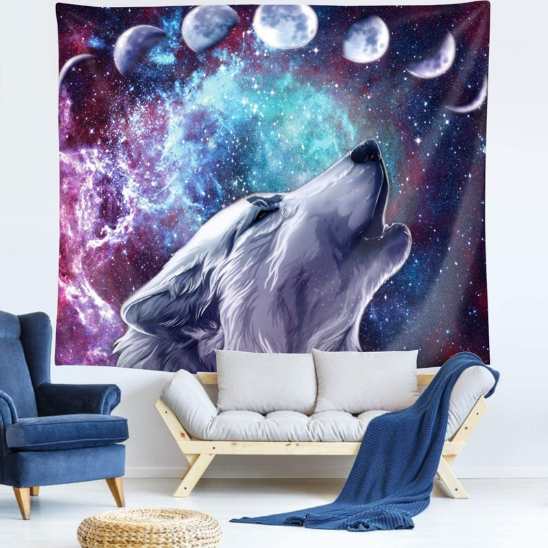 JOYSOG Wolf Tapestry Wall Hanging Galaxy Wolves in Starry Night Wall Decor Tapestry Space Moon Phase Tapestries for Bedroom Living Room - 60" x 50" Home & Garden > Decor > Artwork > Decorative Tapestries JOYSOG   