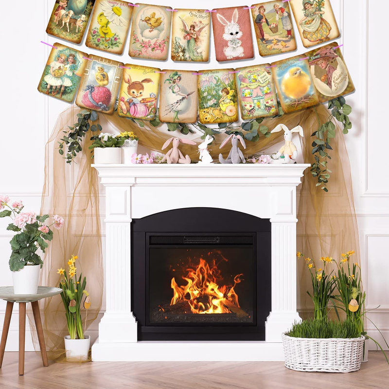Easter Decorations Vintage Style Easter Day Banner, 15 Pcs Easter Hang Bunting Garland Decoration for Mantle Fireplace Indoor Outdoor Easter Party Supplies