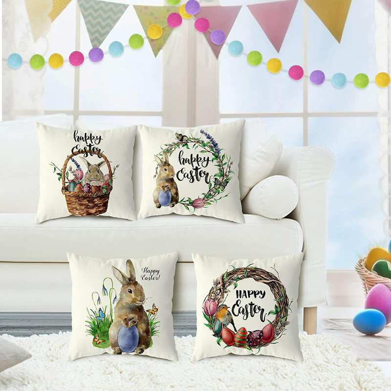 Easter Decorations Bunny Pillow Covers 18X18 Inch Set of 4 for Home Decor Indoor Outdoor,Rabbit Basket Egg Garland Farmhouse Decoration Throw Pillows Cover Spring Decorative Cushion Case Clearance