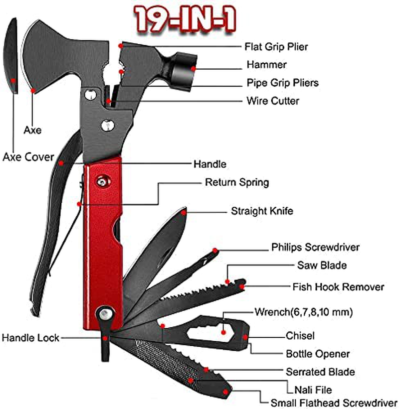 The Latest Multitool Camping Axe, 19-In-1 Survival Gear Camp Hatchet, Folding Portable Multi Tool Camping Hammer Tools with Hammer, Plier, Screwdriver for Hiking Camping, Car Emergency and Men'S Gift