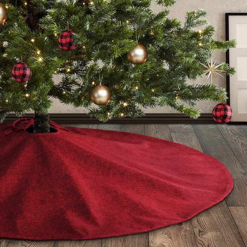 Meriwoods Burlap Christmas Tree Skirt 48 Inch, Large Tree Collar with Ruffled Buffalo Plaid Trim, Country Rustic Indoor Xmas Decorations Home & Garden > Decor > Seasonal & Holiday Decorations > Christmas Tree Skirts Meriwoods Plain Red Burlap  