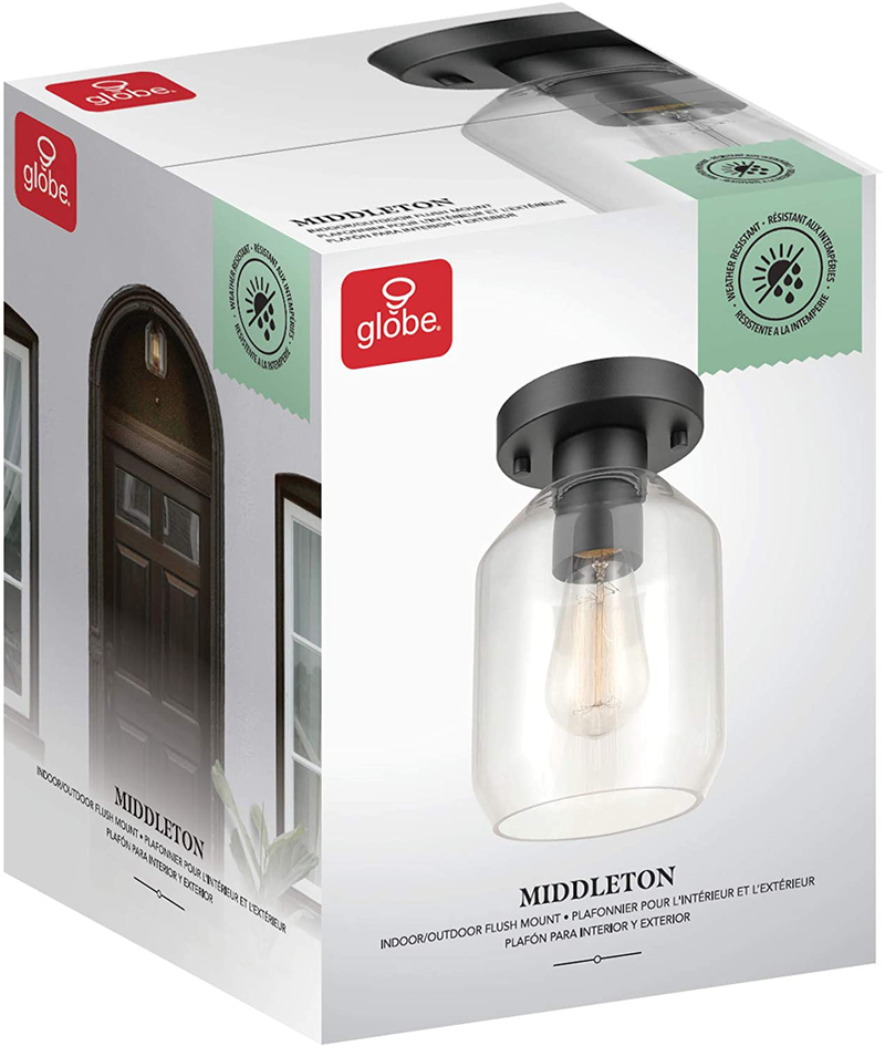 Globe Electric 44678 Middleton 1 Outdoor Indoor Flush Mount Ceiling Light, Matte Black, Clear Glass Shade