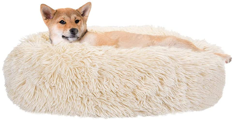 Slowton Calming Dog Bed, Donut Dog Cuddler Bed Ultra Soft Fluffy Faux Fur Plush round Anti-Anxiety Dog Cat Cushion Bed with Cozy Non-Slip Bottom for Large Medium Small Dogs , Machine Washable Animals & Pet Supplies > Pet Supplies > Dog Supplies > Dog Beds SlowTon Surgar Cookie Small 24" 