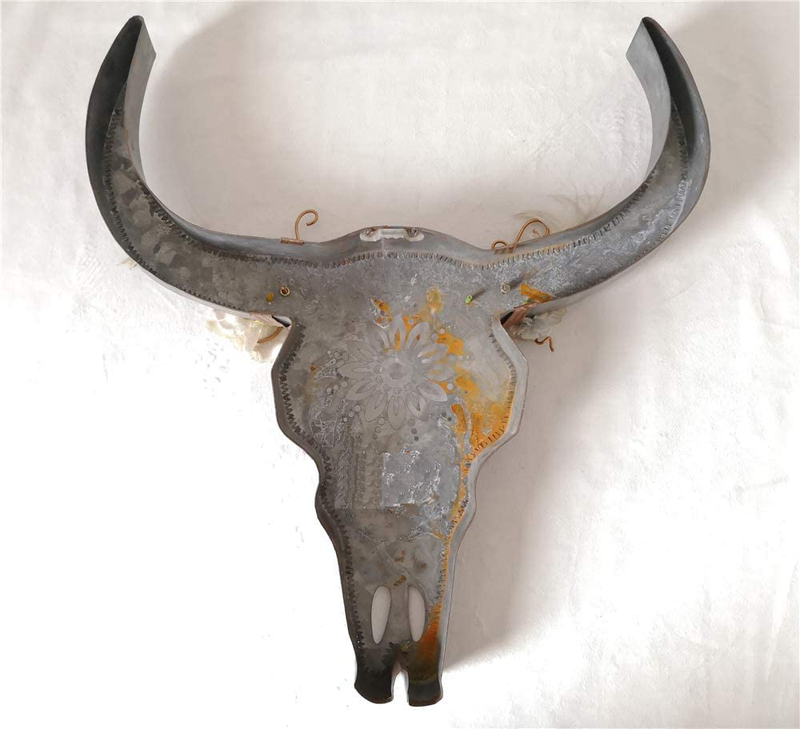 Parisloft Distressed Galvanized Metal Bull Head Skull Wall Hanging Art Southwestern Cow Steer Skull with Frabic Flowers 17.9 x 19.3 x 3.5 Inches Home & Garden > Decor > Artwork > Sculptures & Statues Parisloft   