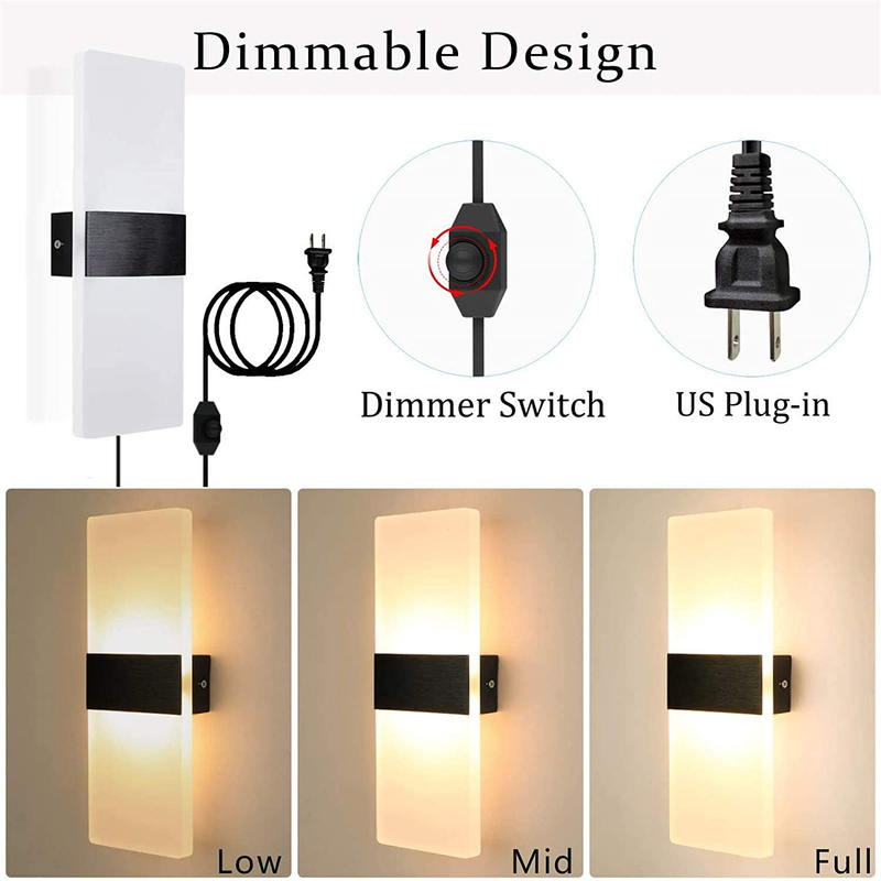 Lightess Dimmable Wall Sconce Plug in Modern LED Wall Sconces Set of 2 Warm White 12W Acrylic Wall Sconce Lighting with 6FT Plug in Cord On/Off Switch for Bedroom Living Room Corridor