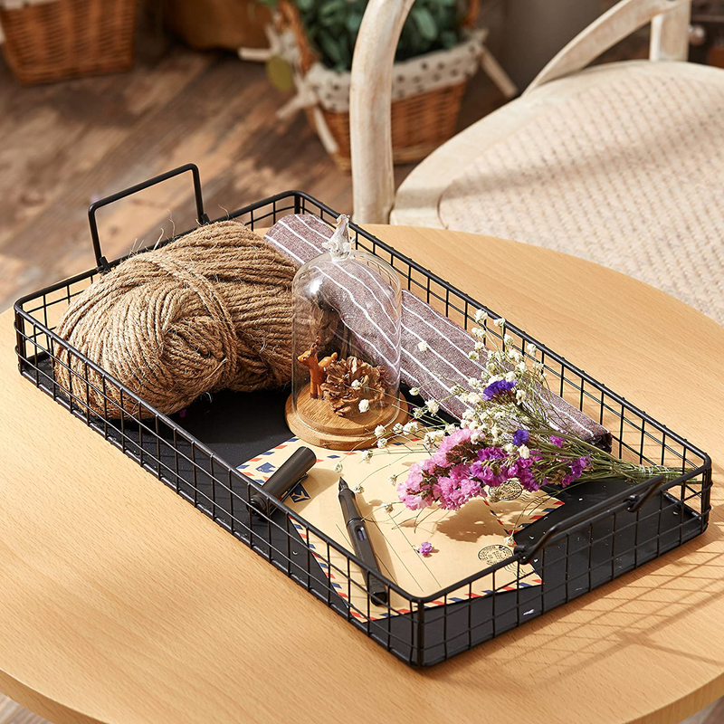 MyGift Black Metal Wire Nesting Serving Trays, Decorative Storage Baskets with Handles, Set of 2