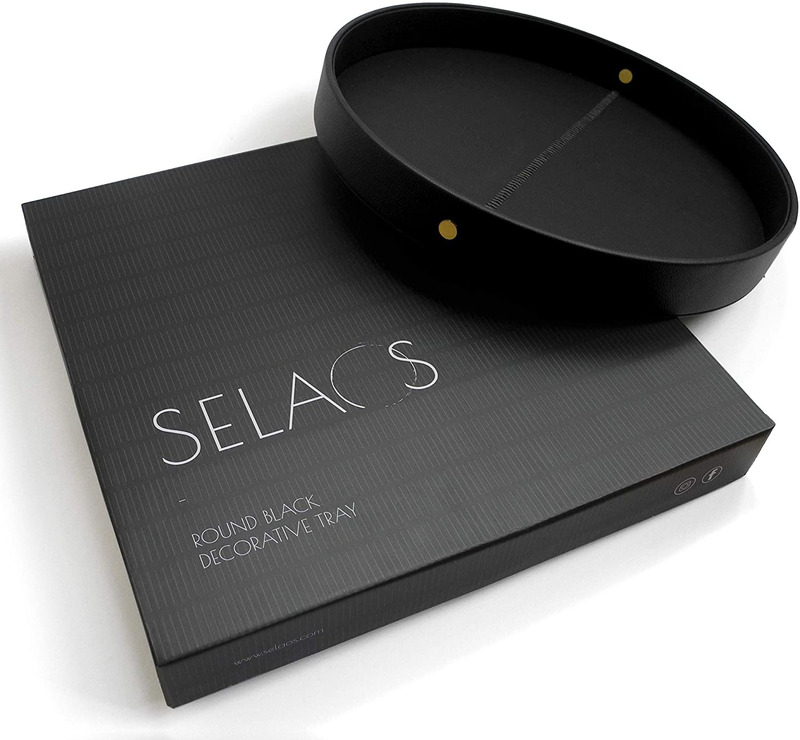 Selaos Decorative Round Serving Tray - Black and Gold Tray | Decorative Trays for Coffee Table | Serving Tray for Ottoman | Black Serving Tray | Ottoman Tray for Living Room | Serving Tray Round