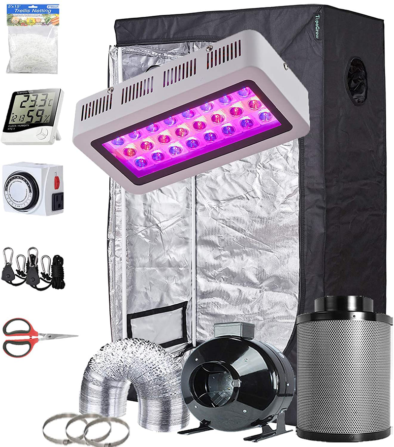 Topogrow Grow Tent Complete Kit 300W LED Grow Light Full-Spectrum Indoor Hydroponics 32"X32"X63" Grow Tent 4" Ventilation Kit with Hangers,Hygrometer, Shear, Timer,Trellis Netting Full Setup Sporting Goods > Outdoor Recreation > Camping & Hiking > Tent Accessories TopoGrow 36"X20"X63"KIT  