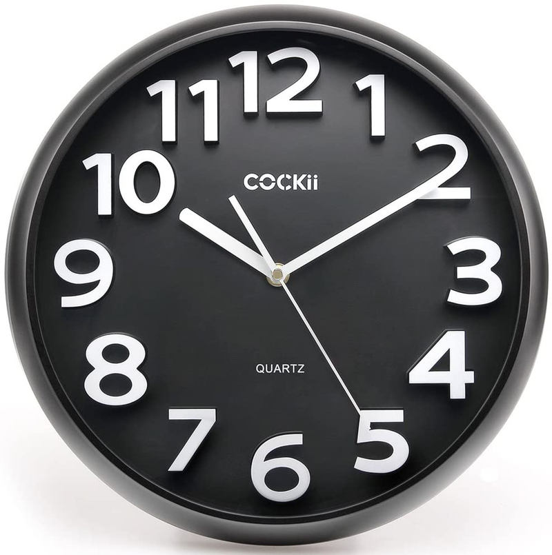 Cockii Wall Clock 13 Inch with Large 3D Numbers, Silent Non-Ticking Quartz Decorative Round Clock, Battery Operated, Easy to Read for Home, Office, School (Black) Home & Garden > Decor > Clocks > Wall Clocks Cockii   