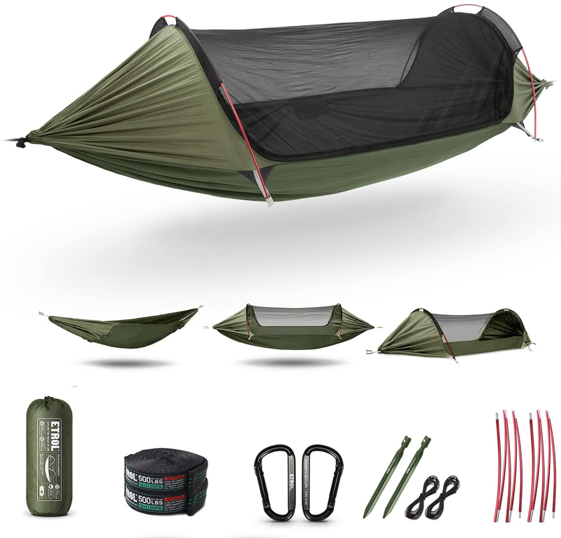 ETROL Camping Hammock with Mosquito Net,Double & Single Hammock Upgrade 3 in 1 Function Portable Hammocks for Indoor Outdoor Hiking Patio Travel - 2 Tree Straps 2 Carabiners 2 Aluminium Bent Poles Sporting Goods > Outdoor Recreation > Camping & Hiking > Mosquito Nets & Insect Screens ETROL Olive Green  