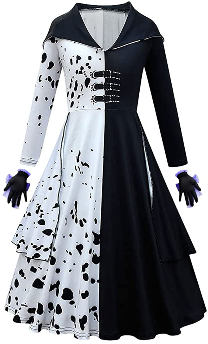 Kids Teens Girls Cruella Deville Costume Halloween Fashion Cloak Cosplay Dress with Gloves Age 5-15