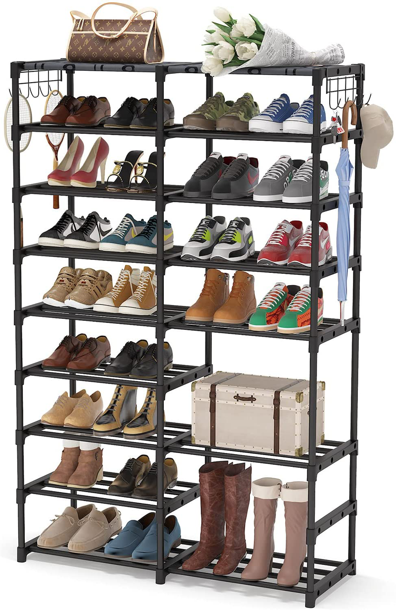 Shoe Rack Organizer,32-40 Pairs Shoe Storage Shelf,9 Tiers Shoe Stand,Shoerack for Closet,Boot Organizer with 2 Hooks,Stackable Shoe Tower