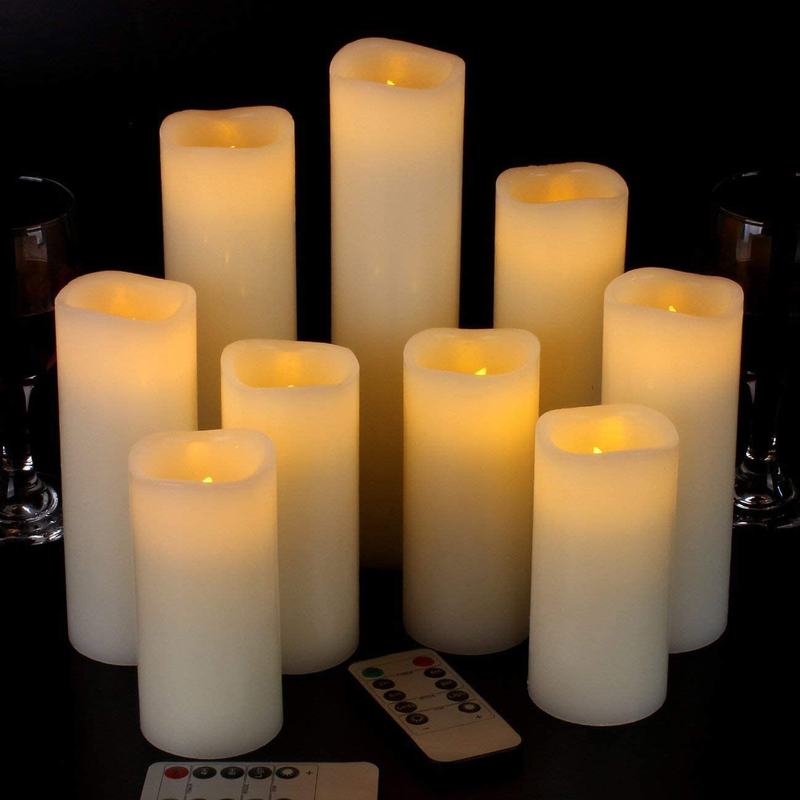 Eloer Flameless Candles Battery Candles Pack of 9 (D 2.2" X H 4" 5" 6" 7" 8" 9") Ivory Real Wax with 10-Key Remote Timer for Home Decoration Holiday Wedding Gift