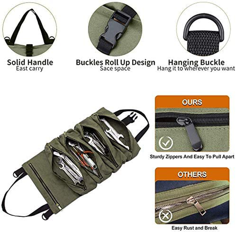 Super Roll Tool Roll,Multi-Purpose Tool Roll up Bag, Wrench Roll Pouch,Canvas Tool Organizer Bucket,Car First Aid Kit Wrap Roll Storage Case,Hanging Tool Zipper Carrier Tote,Car Camping Gear
