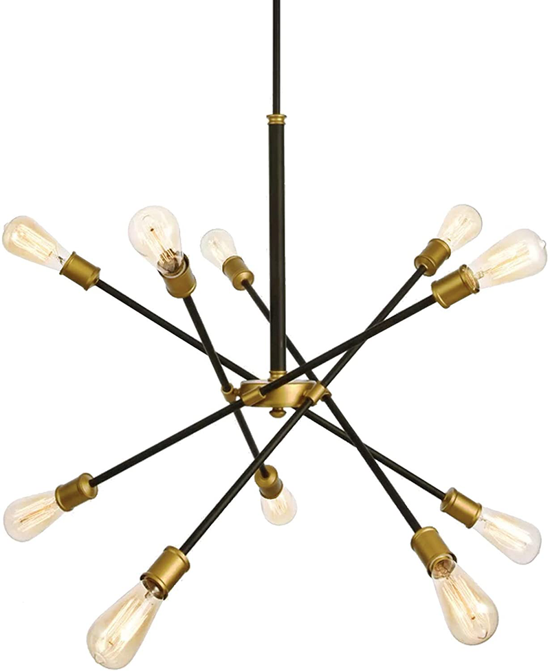 SEOL-Light Sputnik 10 Lights Vintage Chandelier Hanging Ceiling Large Bright Pendant Light Fixtures Black/Gold Brushed for Dining Room,Foyer,Entryway;600W