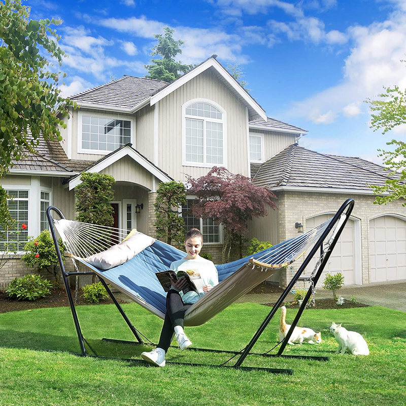 SONGMICS Hammock, Padded Double Hammock, Quilted Hammock with Hanging Straps, Detachable Curved Spreader Bars, Pillow, 78.7 x 55.1 Inches, Load Capacity 495 lb, Blue and Beige UGDC034I01 Home & Garden > Lawn & Garden > Outdoor Living > Hammocks SONGMICS   