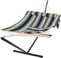 SUNCREAT Cotton Rope Hammock for Two People with Hardwood Spreader Bar, Quilted Fabric Pad & Detachable Pillow, Extra Large Indoor/Outdoor Hammock with 12 FT Steel Stand, Ipad Bag & Cup Holder, Grey Home & Garden > Lawn & Garden > Outdoor Living > Hammocks SUNCREAT Blue& Gray  