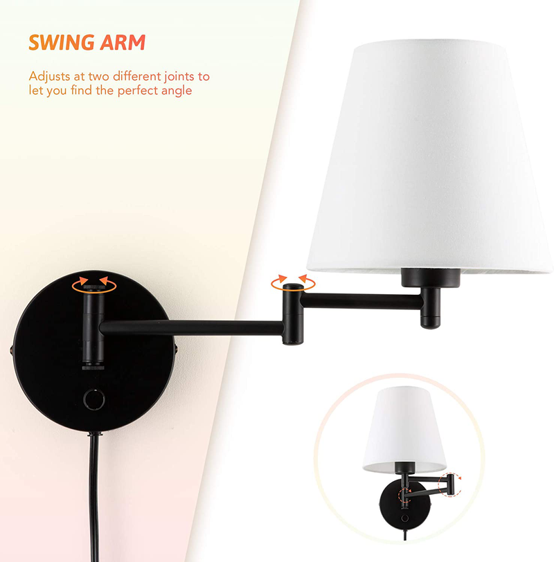 CO-Z Modern Swing Arm Wall Mount Light Plug In, Corded Wall Lamps with White Fabric Shade, Black Metal Adjustable Wall Sconce, Wall Mount Lamp for Bedroom, Living Room, Bedside
