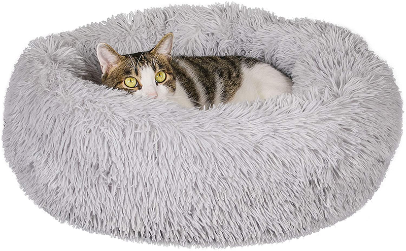 Qucey Dog Cat Bed Soft Comfortable Faux Fur Donut Cuddler, Self-Warming Fluffy Dog and Cat Calming Cushion Bed with Non-Slip Bottom for Joint-Relief and Improved Sleep Animals & Pet Supplies > Pet Supplies > Cat Supplies > Cat Beds Qucey Light Grey 23" 