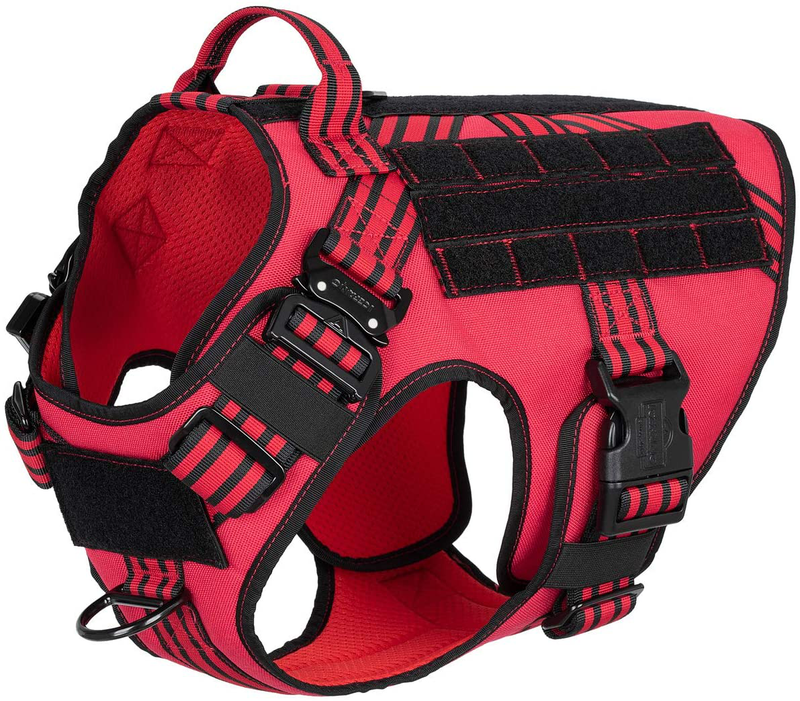 ICEFANG Tactical Dog Harness with 2X Metal Buckle,Working Dog MOLLE Vest with Handle,No Pulling Front Leash Clip,Hook and Loop for Dog Patch Animals & Pet Supplies > Pet Supplies > Dog Supplies ICEFANG Red L (Neck:18"-24" ; Chest:28"-35" ) 