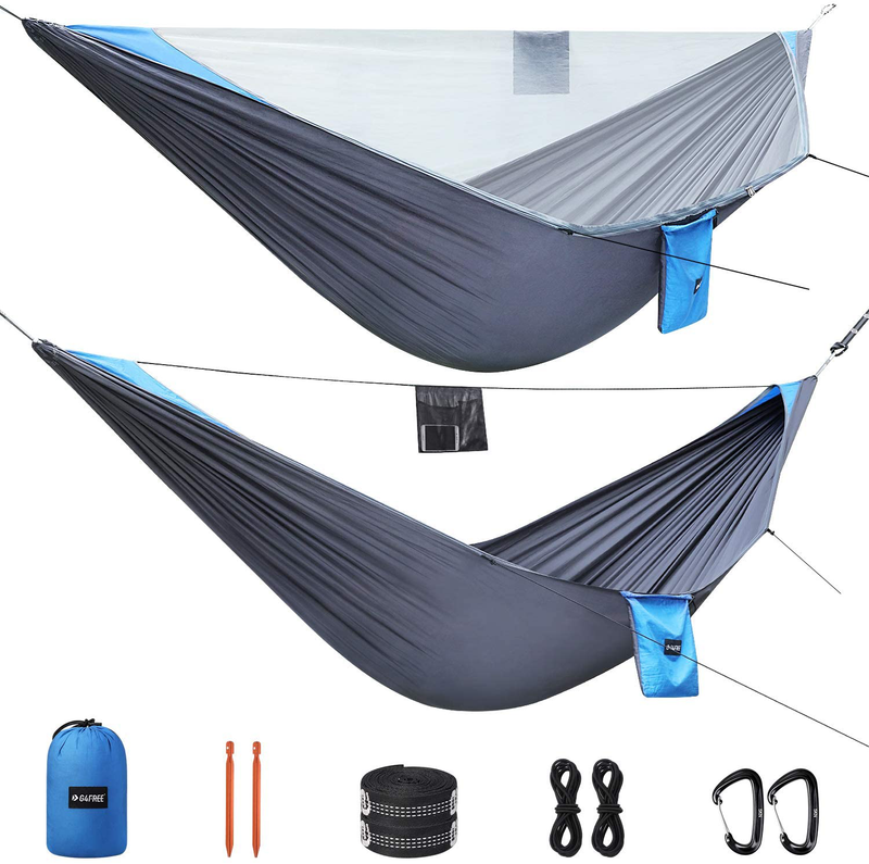 G4Free Large Camping Hammock with Mosquito Net 2 Person Pop-up Parachute Lightweight Hanging Hammocks Tree Straps Swing Hammock Bed for Outdoor Backpacking Backyard Hiking Home & Garden > Lawn & Garden > Outdoor Living > Hammocks G4Free Blue/Dark Grey  