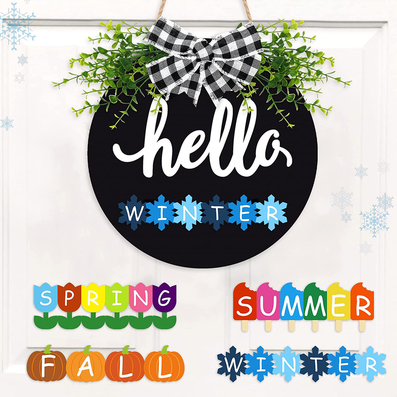 Interchangeable Seasonal Wooden Hello Door Sign Greenery Wreaths for Front Door Decor Rustic Home Welcome Farmhouse 12 Inches Porch Decoration Winter Spring Birthday Housewarming Gifts(White) Home & Garden > Decor > Seasonal & Holiday Decorations Distaratie Black  