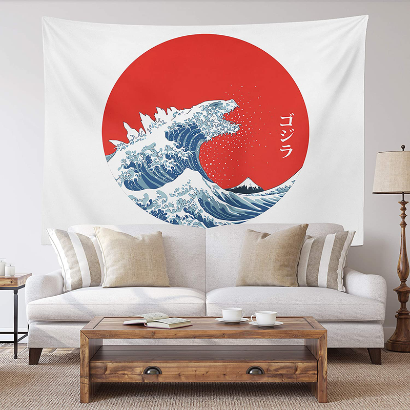 Spanker Space Ukiyoe Red White and Blue Japanese Mythical Creature The Great Waves Godzilla Fabric Tapestry 60 x 80 inches Wall Hangings with Hanging Accessories for Wall Art Home Dorm Decor Home & Garden > Decor > Seasonal & Holiday Decorations SPANKER SPACE Godzilla Red 60" L x 80" W 
