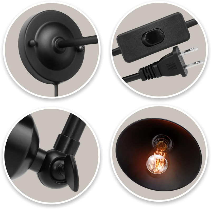 Plug in Wall Sconce, Black Antique Swing Arm Industrial Vintage Wall Lamp Fixture, Plug in Wall Light with on off Switch E26 Base for Restaurants Bathroom Dining Room Kitchen Bedroom 2 Pack