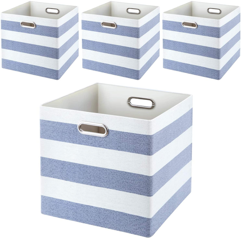 Storage Bins Storage Cubes, 13×13 Fabric Storage Boxes Foldable Baskets Containers Drawers for Nurseries,Offices,Closets,Home Décor ,Set of 4 ,Grey-white Striped Home & Garden > Decor > Seasonal & Holiday Decorations Posprica Blue-white Striped 13×13×13/4pcs 